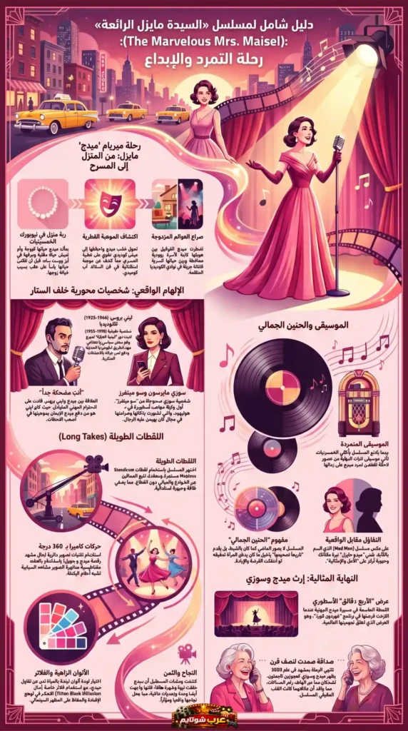 إنفوغرافيك يقدّم دليلاً شاملاً لمسلسل «السيدة مايزل الرائعة» مع عرض رحلة ميدج مايزل، الإلهامات الواقعية، والعناصر الجمالية للعمل.