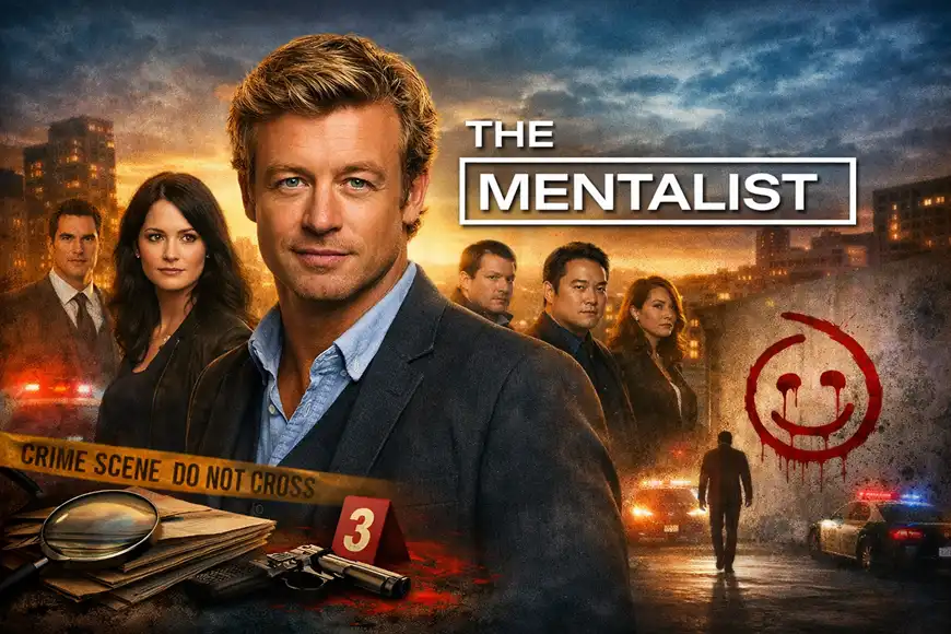 صورة ترويجية لمسلسل The Mentalist تُظهر فريق التحقيق يقف أمام مدينة عند الغروب مع أضواء سيارات الشرطة وشريط مسرح الجريمة في المقدمة، بينما يظهر شعار المسلسل في أعلى الصورة.