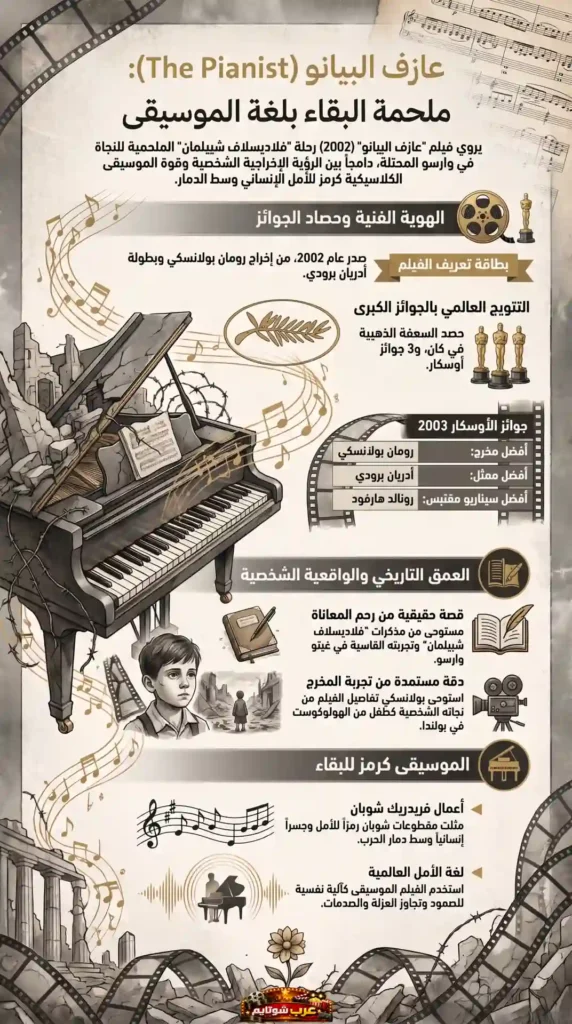 إنفوجرافيك عن فيلم «عازف البيانو (The Pianist)» يقدّم لمحة عن القصة الحقيقية، الجوائز العالمية، ودور الموسيقى في النجاة وسط دمار الحرب.