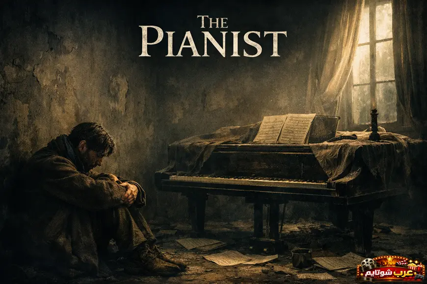 بوستر فيلم «The Pianist» يُظهر عازفًا وحيدًا يجلس بجانب بيانو مهمل داخل غرفة مظلمة متداعية، مع ضوء خافت يدخل من نافذة ممزقة.