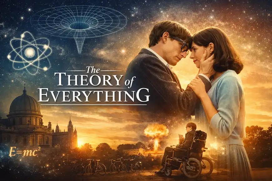 ملصق سينمائي لفيلم The Theory of Everything يظهر ستيفن هوكينغ وجين في لحظة عاطفية تحت سماء مليئة بالرموز العلمية والمعادلات.