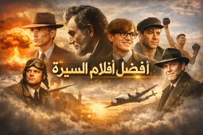 ملصق سينمائي أفقي يعرض مجموعة من الشخصيات الشهيرة من أفلام السيرة الذاتية، مع عبارة 