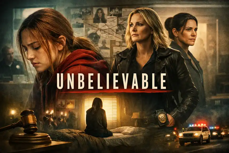 مشهد من مسلسل Unbelievable يعرض الأجواء الدرامية والتحقيقات في قضية الاعتداء المثيرة للجدل.