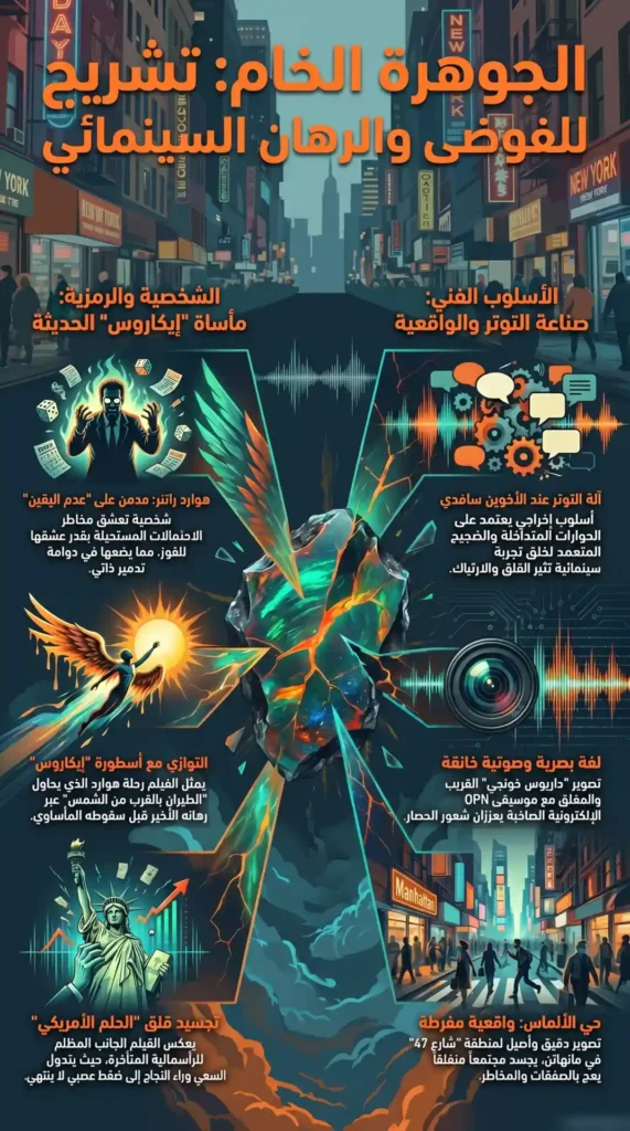 إنفوغرافي تحليلي لفيلم الجوهرة الخام (Uncut Gems) يقدّم نظرة فنية وسينمائية حول الأسلوب الإخراجي والرمزية في العمل، مع عناصر بصرية تعبّر عن الفوضى والرهان في مدينة نيويورك.
