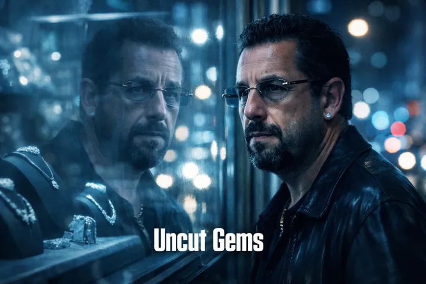 صورة من فيلم Uncut Gems تُظهر هاوارد رتنر واقفًا أمام واجهة متجر مجوهرات في نيويورك ليلاً، مع انعكاس وجهه المتوتر على زجاج الواجهة.