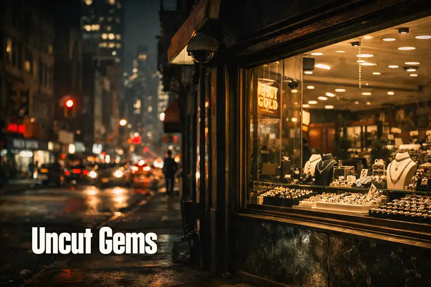 صورة لواجهة متجر مجوهرات مضاء ليلاً في مدينة نيويورك مع انعكاس أضواء الشارع، وعنوان Uncut Gems مكتوب في الأسفل.