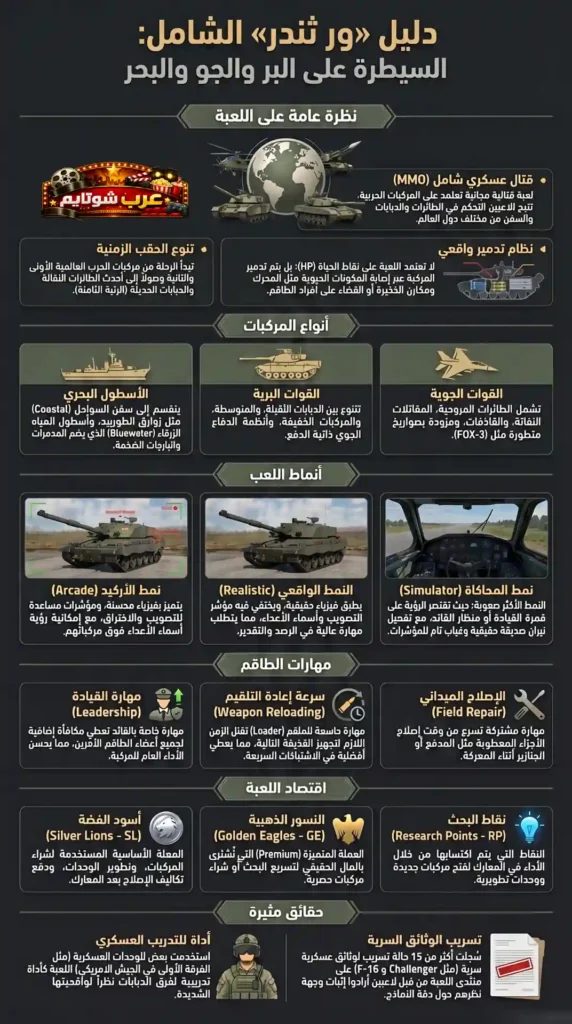 إنفوجرافيك شامل يشرح لعبة War Thunder ويعرض أنماط اللعب وأنواع المركبات والاقتصاد داخل اللعبة بطريقة منظمة وواضحة.