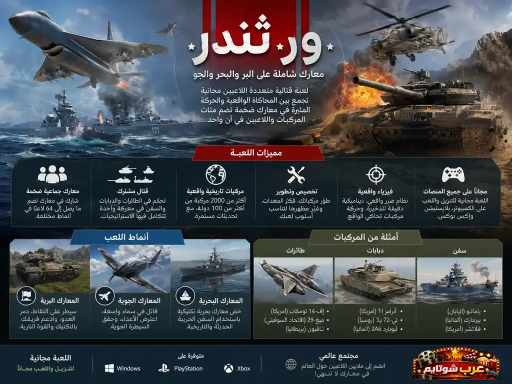 إنفوجرافيك ترويجي للعبة War Thunder يعرض المعارك البرية والبحرية والجوية مع معلومات عن المركبات والميزات وأنماط اللعب.