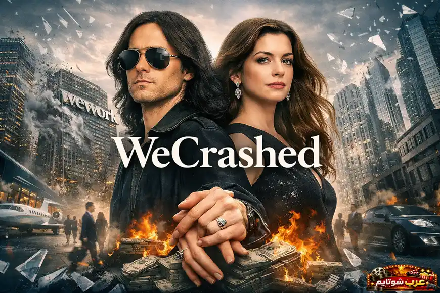 ملصق ترويجي لمسلسل «WeCrashed» يُظهر الشخصيات الرئيسية أمام مشاهد انهيار شركة WeWork وسط أجواء من الفوضى والمال المحترق.