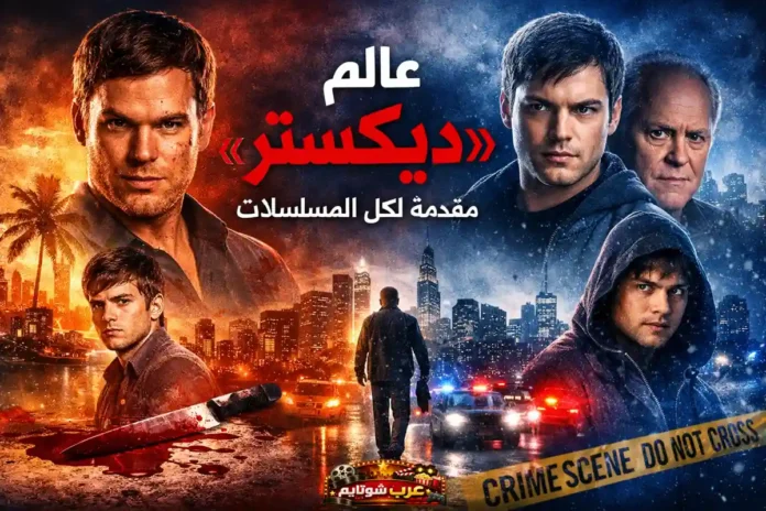 ملصق دعائي لمسلسل «ديكستر» يعرض عالمه المزدوج بين ميامي الدافئة ونيويورك الباردة، مع شخصيات رئيسية وخلفية تحمل أجواء الجريمة والتحقيق.