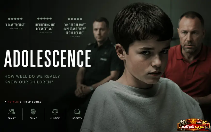 ملصق دعائي لمسلسل «المراهقة (Adolescence)» يُظهر شابًا في المقدمة مع شخصيات بالغين خلفه في مشهد درامي يوحي بالصراع النفسي والاجتماعي.