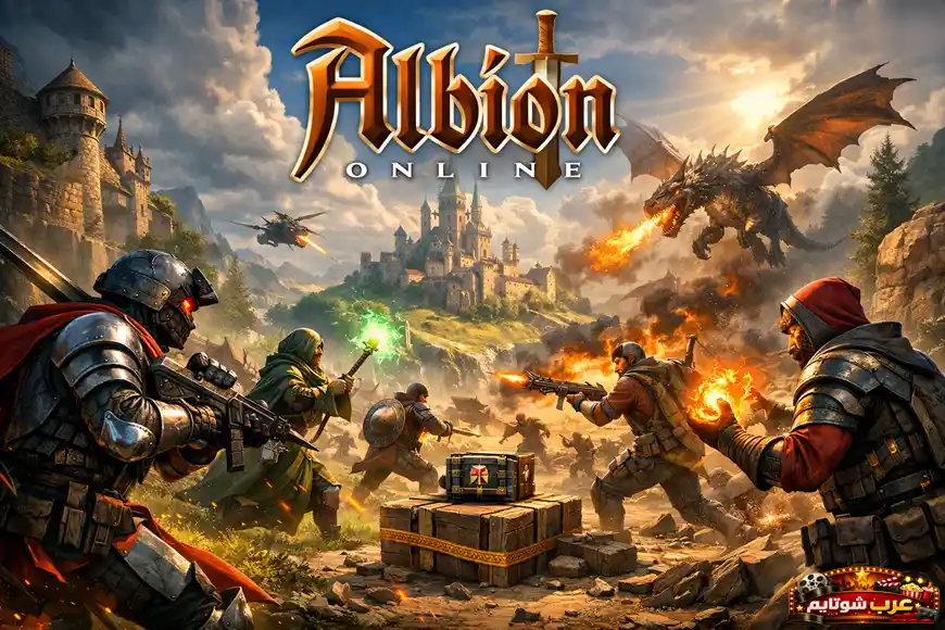 ملصق لعبة Albion Online يعرض محاربين بمدرّعات خيالية يقاتلون حول صندوق كنز، مع قلعة ضخمة وتنين يطلق النار في الخلفية وشعار اللعبة في الأعلى.