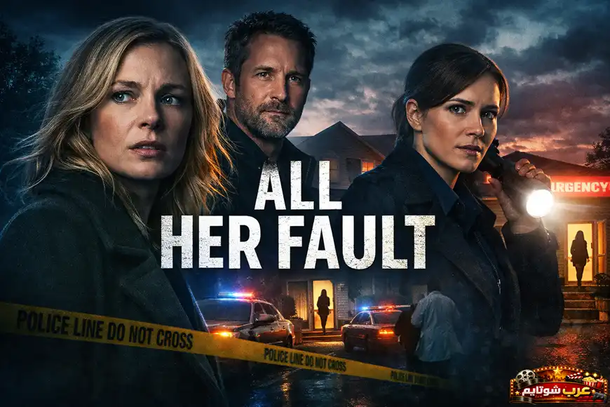 ملصق دعائي لمسلسل «كل شيء خطؤها (All Her Fault)» يُظهر شخصيات رئيسية أمام منزل محاط بسيارات الشرطة وأشرطة صفراء لمسرح الجريمة، في أجواء غامضة ومتوترة.