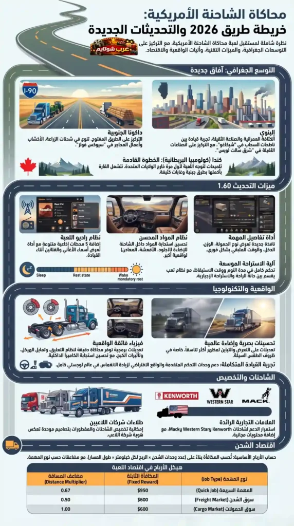 إنفوغرافيك يوضح خريطة طريق لعبة محاكاة الشاحنة الأمريكية لعام 2026 مع التحديثات الجديدة والميزات التقنية.