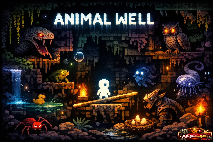 بوستر لعبة Animal Well يظهر فيه شخصية صغيرة وسط كهف مظلم مليء بالمخلوقات الغريبة والعناصر المضيئة.