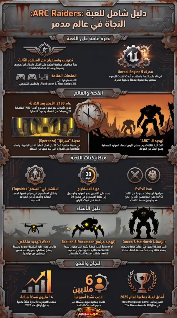 إنفوغرافيك شامل يقدّم معلومات تفصيلية عن لعبة ARC Raiders، من القصة والميكانيكيات إلى الأعداء والنجاحات المستقبلية.