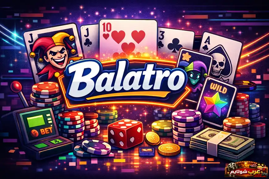 ملصق لعبة Balatro يعرض بطاقات لعب، رقائق بوكر، نقود، ورموز كازينو في تصميم رقمي ملوّن مع شعار اللعبة في المنتصف.