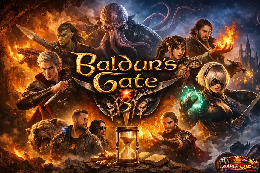 ملصق فني للعبة Baldur’s Gate 3 يظهر شخصيات خيالية من عوالم السحر والمغامرة في مواجهة مخلوقات غامضة، مع شعار اللعبة الذهبي في المنتصف.