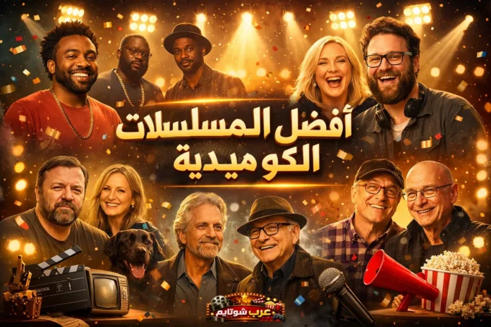 صورة ترويجية بعنوان أفضل المسلسلات الكوميدية تضم مجموعة من أبرز نجوم الكوميديا مع خلفية مسرحية مضيئة وديكورات سينمائية.