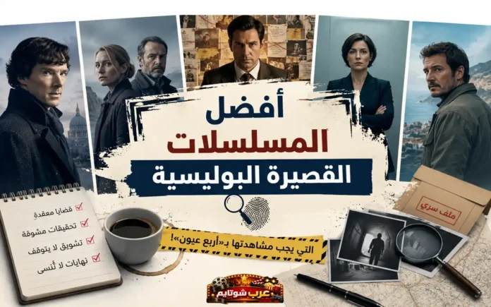صورة ترويجية لمقال بعنوان «أفضل المسلسلات القصيرة البوليسية التي يجب مشاهدتها بأربع عيون»، تضم عناصر تحقيق جنائي مثل العدسة المكبّرة والملف السري وصور شخصيات من مسلسلات الجريمة.