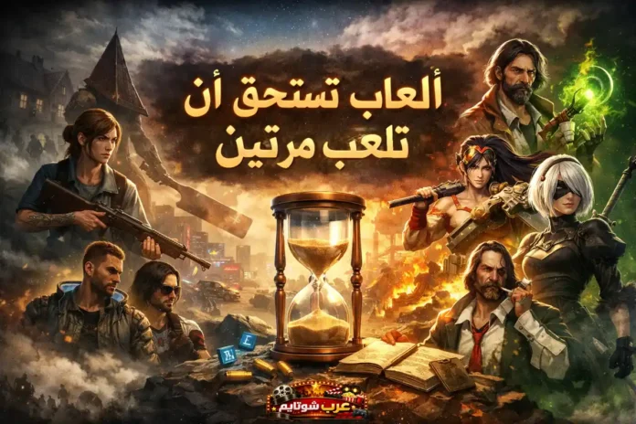 ملصق فني لأشهر ألعاب الفيديو التي تستحق أن تُلعَب مرتين، يجمع شخصيات من عوالم مختلفة حول ساعة رملية ترمز إلى الزمن وإعادة التجربة.