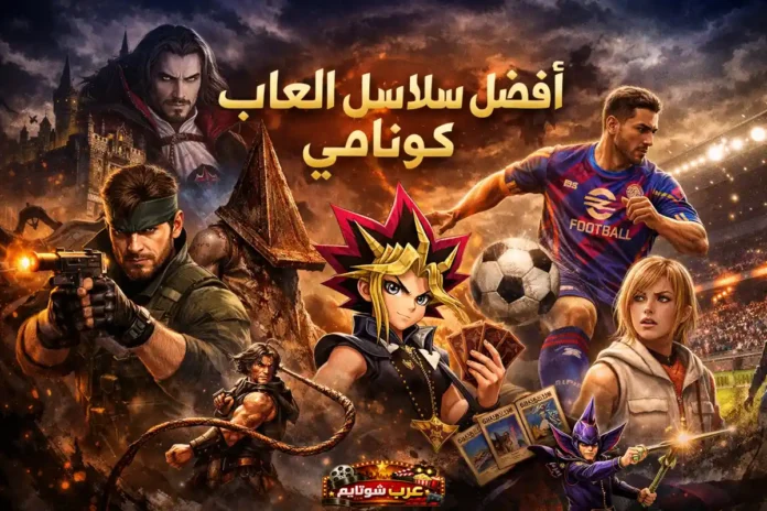 صورة تجمع أشهر شخصيات ألعاب كونامي مثل ميتال جير، كاسلفينيا، سايلنت هيل، يو-غي-أوه، وإي فوتبول في تصميم واحد بعنوان أفضل سلاسل ألعاب شركة كونامي.