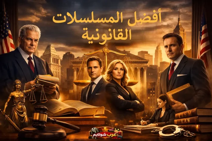 مشهد درامي قانوني يعرض مجموعة من المحامين أمام محكمة فخمة مع عبارة 