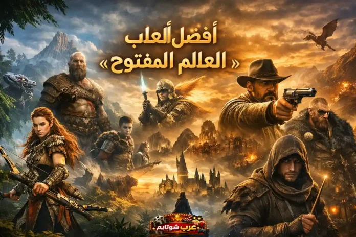 صورة تجمع شخصيات من أشهر ألعاب العالم المفتوح في مشهد سينمائي ملحمي مع عنوان «أفضل ألعاب العالم المفتوح» في الأعلى.