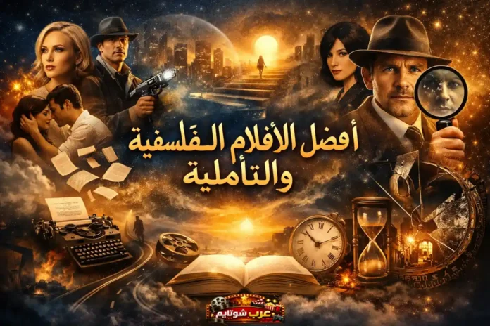 صورة بانورامية تجمع شخصيات من أفلام فلسفية وتأملية، مع عناصر رمزية مثل الساعة والكتاب والمدينة الليلية، تعبّر عن عمق الفكر وجمال السينما.