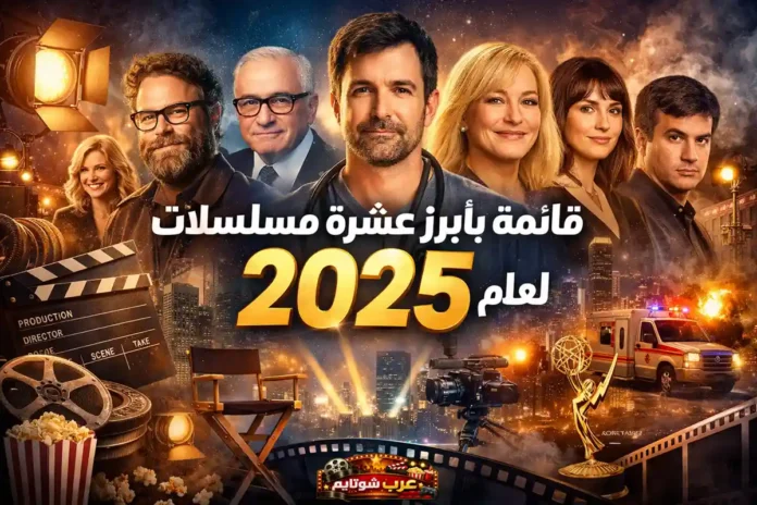 ملصق دعائي أفقي بعنوان «قائمة بأبرز عشرة مسلسلات لعام 2025» يظهر مجموعة من الممثلين والمخرجين وسط أجواء سينمائية مضاءة بألوان دافئة، يرمز إلى أفضل إنتاجات التلفزيون في العام.