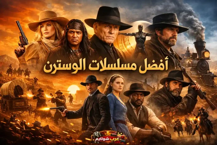 صورة ترويجية تجمع أبرز شخصيات مسلسلات الوسترن في مشهد غروب صحراوي، مع عبارة أفضل مسلسلات الوسترن في الأعلى.