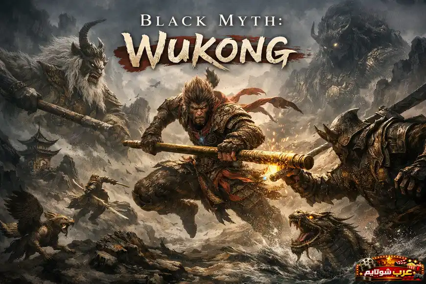 بوستر لعبة Black Myth: Wukong يظهر فيه المحارب ميهو في معركة أسطورية وسط مخلوقات ضخمة وخلفية صينية قديمة.