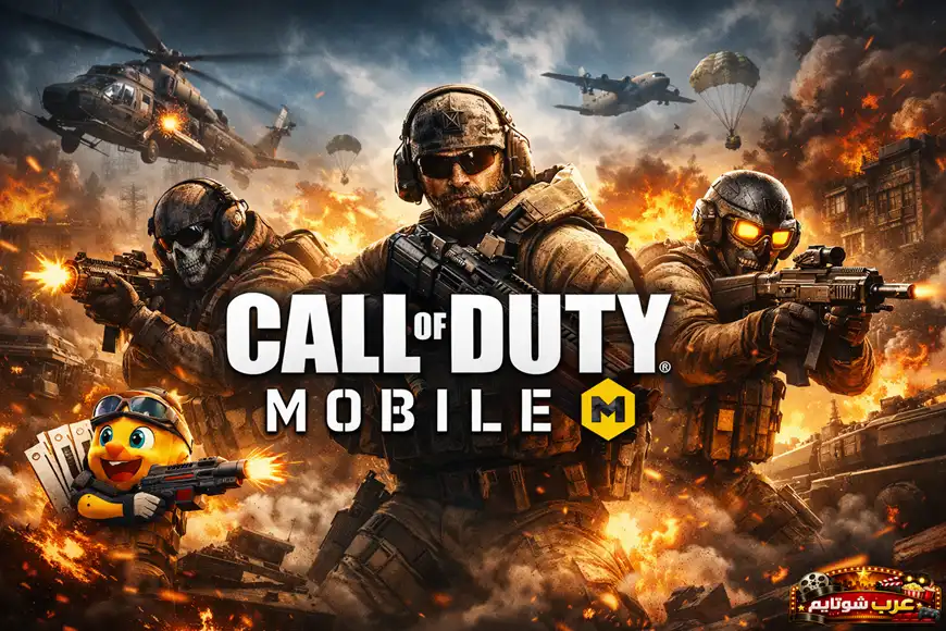 ملصق لعبة Call of Duty: Mobile يظهر جنوداً في ساحة معركة مليئة بالانفجارات والمروحيات، مع شعار اللعبة في المنتصف.