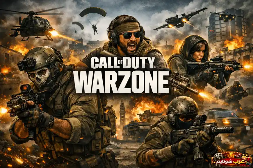 صورة ترويجية للعبة Call of Duty: Warzone تُظهر جنوداً في معدات تكتيكية وسط ساحة قتال حضرية مليئة بالانفجارات والمروحيات.