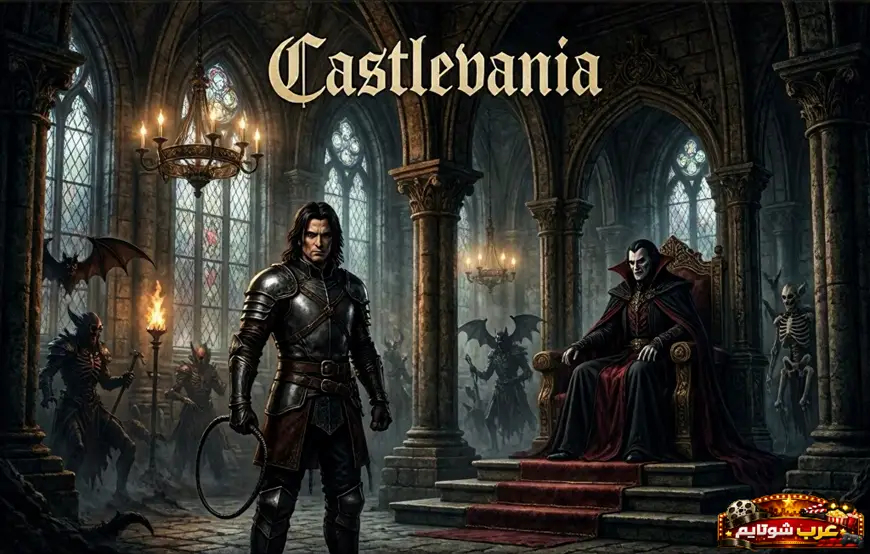 بوستر لسلسلة Castlevania يظهر فيه صائد مصاصي الدماء داخل قلعة قوطية يواجه شخصية تشبه دراكولا وسط أجواء مظلمة.