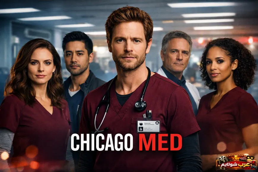 بوستر مسلسل Chicago Med يظهر أطباء وممرضين في بيئة مستشفى حديثة، يرمز إلى الدراما الطبية الواقعية.