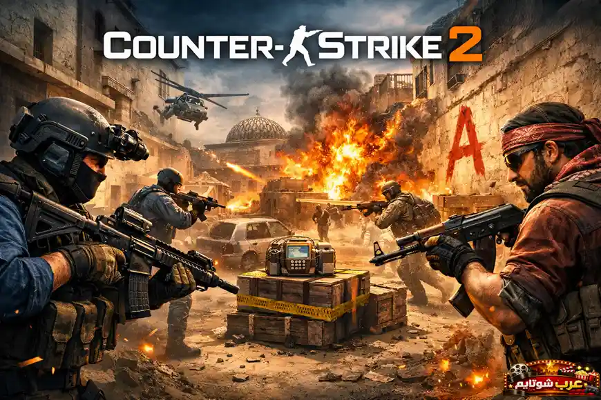 ملصق لعبة Counter‑Strike 2 يعرض جنودًا تكتيكيين في اشتباك داخل بيئة حضرية مشتعلة، مع شعار اللعبة بالإنجليزية في الأعلى.