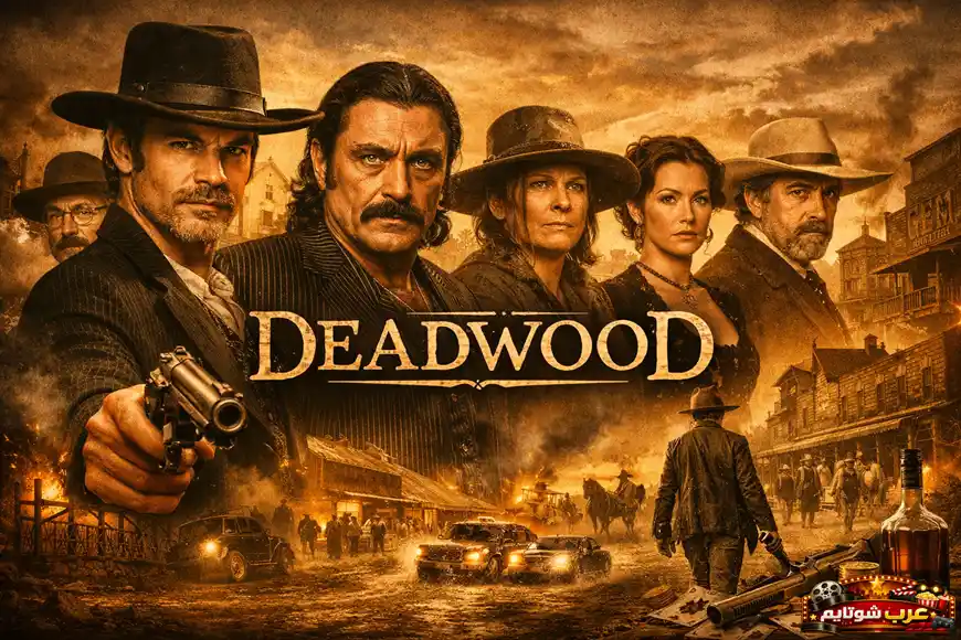 ملصق لمسلسل Deadwood يظهر شخصيات رئيسية من الغرب الأمريكي في مشهد تراثي مليء بالتوتر.