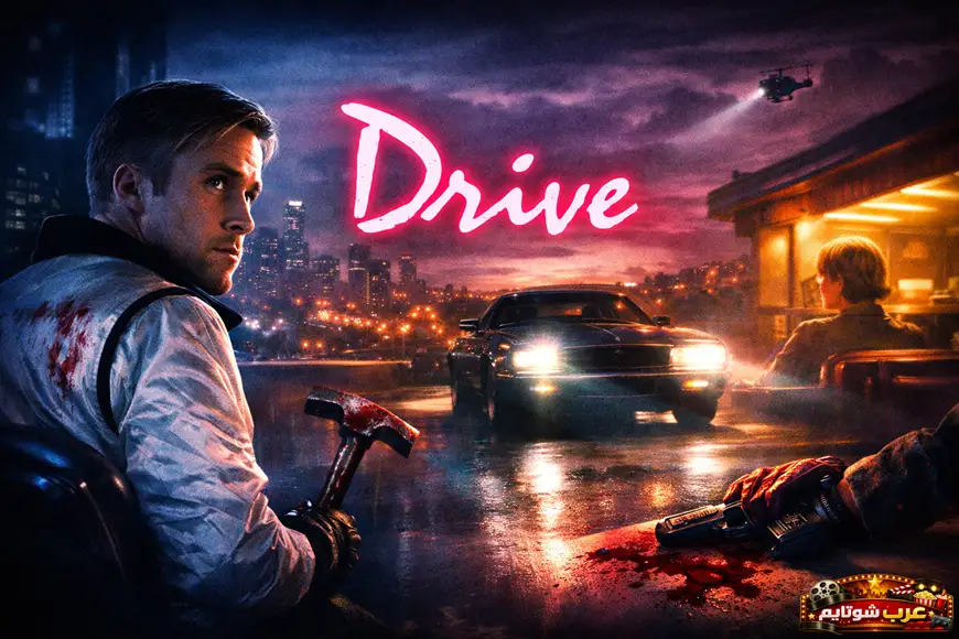 بوستر سينمائي لفيلم Drive يظهر السائق بسترته البيضاء الملطخة بالدم، يحمل مطرقة أمام سيارة سوداء مضاءة ليلاً، مع عنوان الفيلم مكتوب بخط نيون وردي في السماء.