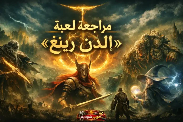 بوستر ملحمي للعبة Elden Ring يظهر مجموعة من الشخصيات الرئيسية وسط عالم مظلم وعاصف مع شعار اللعبة المتوهّج في السماء.
