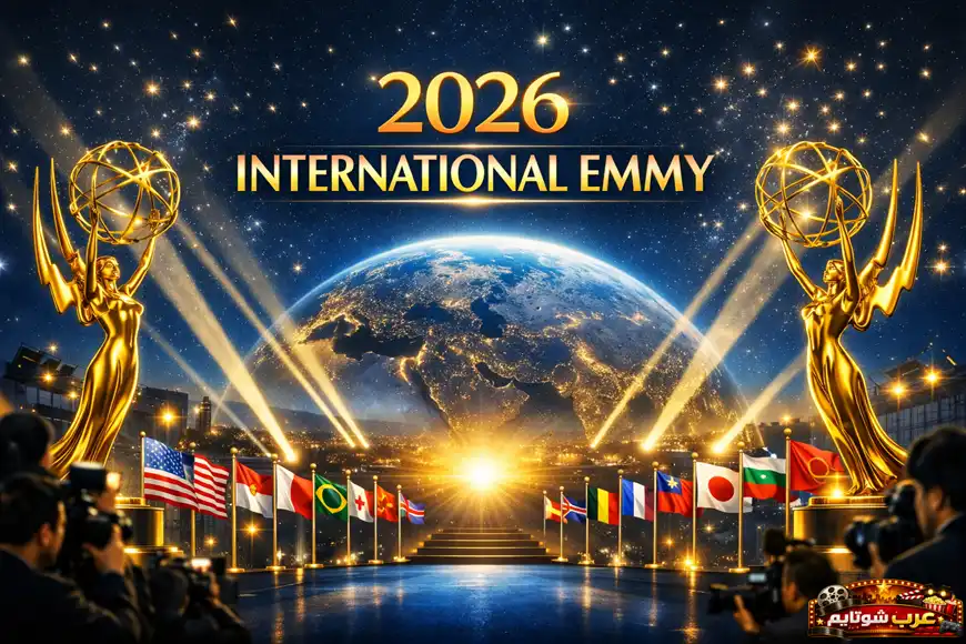 صورة عالمية فخمة تُظهر شعار 2026 INTERNATIONAL EMMY مع تماثيل ذهبية وأعلام دولية مضيئة.