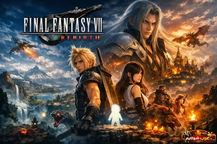 بوستر لعبة Final Fantasy VII Rebirth يظهر فيه كلاود ورفاقه في مشهد ملحمي يجمع بين عالمين متناقضين من الطبيعة والدمار.