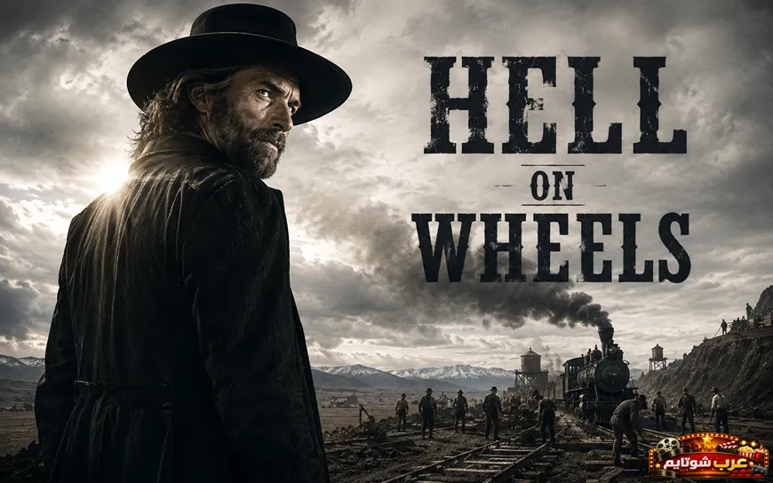 ملصق لمسلسل Hell on Wheels يظهر بطله يقف أمام قطار بخاري وعمال يبنون خط السكة الحديد في الغرب الأمريكي.