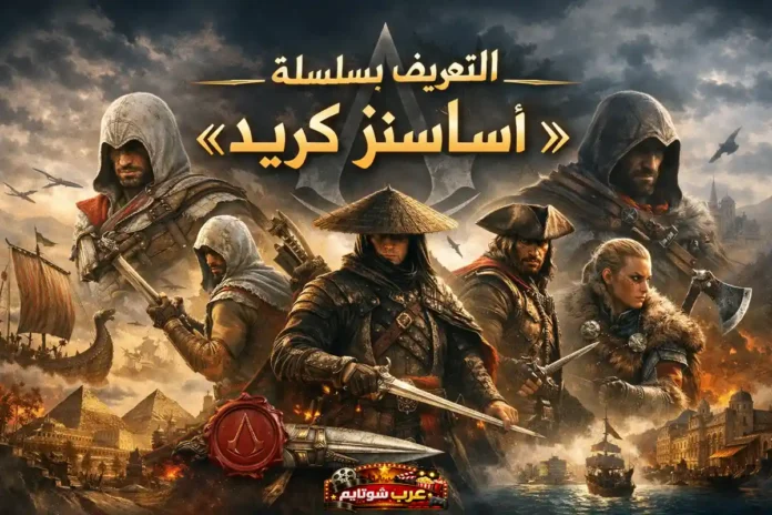 صورة ترويجية أفقية تضم شخصيات من سلسلة ألعاب «أساسنز كريد» عبر العصور، مع عنوان بارز بالعربية في الأعلى: التعريف بسلسلة «أساسنز كريد».