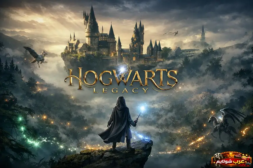 بوستر لعبة Hogwarts Legacy يظهر قلعة هوغوورتس في مشهد خيالي مع شخصية تحمل عصاً سحرية أمامها.