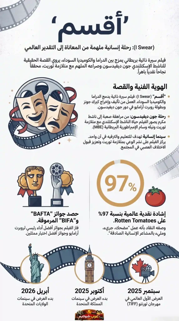 إنفوغرافيك لفيلم «أقسم» يبرز رحلة جون ديفيدسون من المعاناة مع متلازمة توريت إلى النجاح العالمي والاعتراف بإنسانيته.