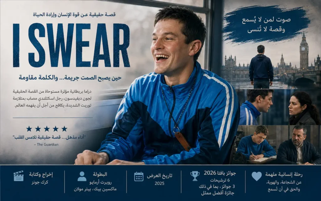 ملصق فيلم «أقسم» يُظهر جون ديفيدسون وهو يواجه متلازمة توريت بشجاعة وسط ضغوط المجتمع.