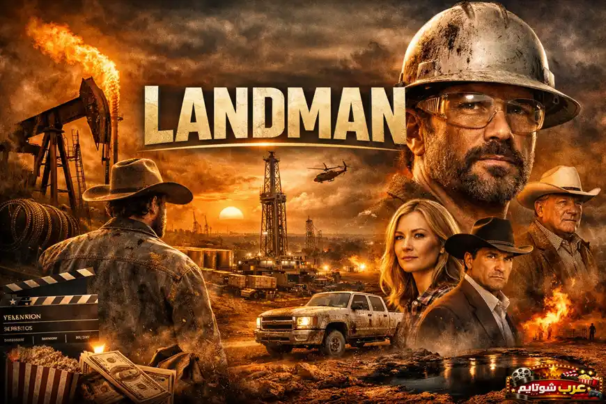 ملصق دعائي لمسلسل «لاند مان (Landman)» يُظهر شخصيات ترتدي خوذات العمل وقبعات رعاة البقر وسط مشهد صناعي مليء بأبراج النفط والنيران في الأفق، يرمز إلى عالم الطاقة والصراعات البشرية فيه.