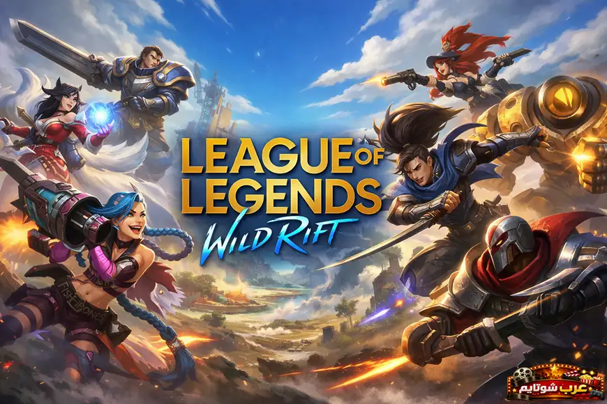 ملصق لعبة League of Legends: Wild Rift يعرض مجموعة من الأبطال في مشهد قتالي ديناميكي مع شعار اللعبة في المنتصف.