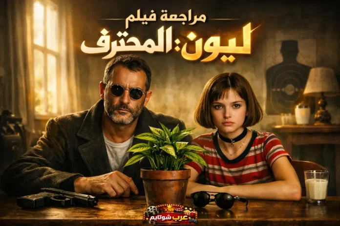 مشهد من فيلم «ليون: المحترف» يظهر ليون وماتيلدا جالسين إلى طاولة مع نبتة وزجاجة حليب ومسدس في أجواء درامية.